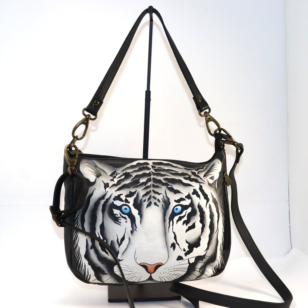 Anuschka Hand-Painted Leather Crossbody Bag – White‎ Tiger Art
